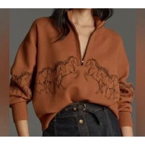 Anthropologie Maeve Montana Mock Neck Half Zip Horse Embroidered Sweater
Size: L